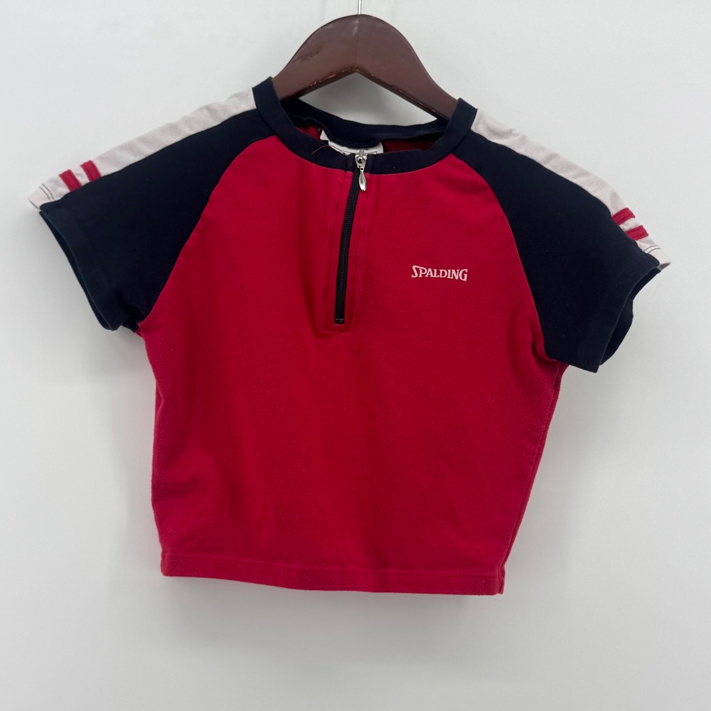 Spalding Vintage Red Navy Quarter Zip Crop Top Short Sleeve Sporty Womens Medium